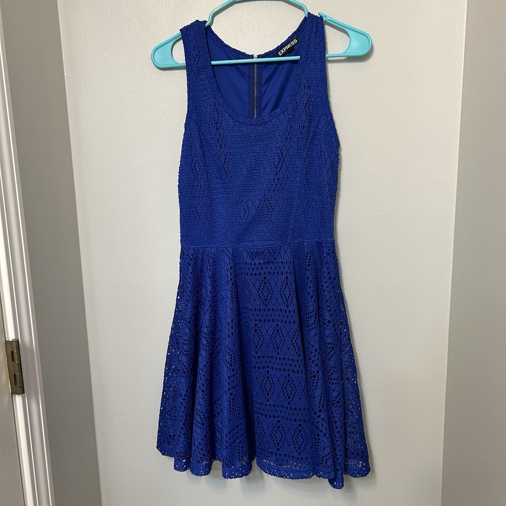 Express Women's Size Large Dress Blue Lace Fit Flare Crochet S